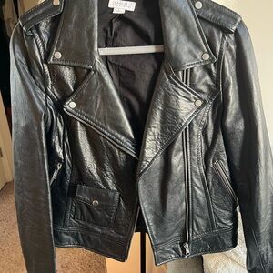 Barneys New York Black Leather Moto Jacket with Quilted Shoulders